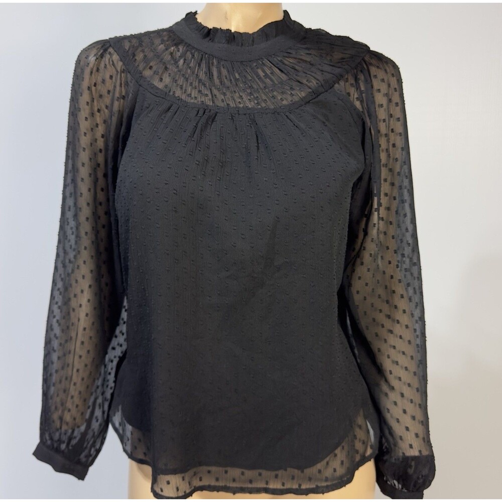 LOFT Black French Dot Top Sheer Chiffon Lined Size XS Long Sleeve Blouse NWT